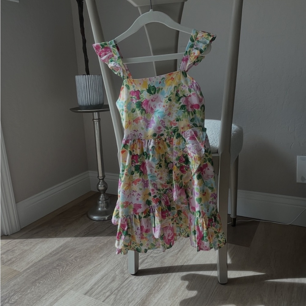 Janie and Jack Pink and Green Floral Ruffle Strap Dress